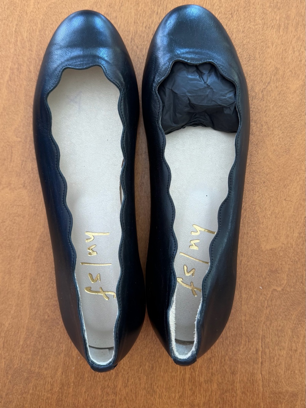 Black Scalloped Leather Ballet Flats